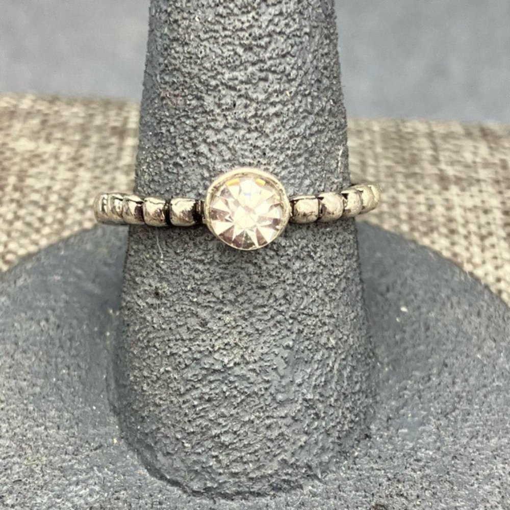 Silver Rhinestone Ring Size 7 Ridged Square Round Symbol Classic Retro BoHo
